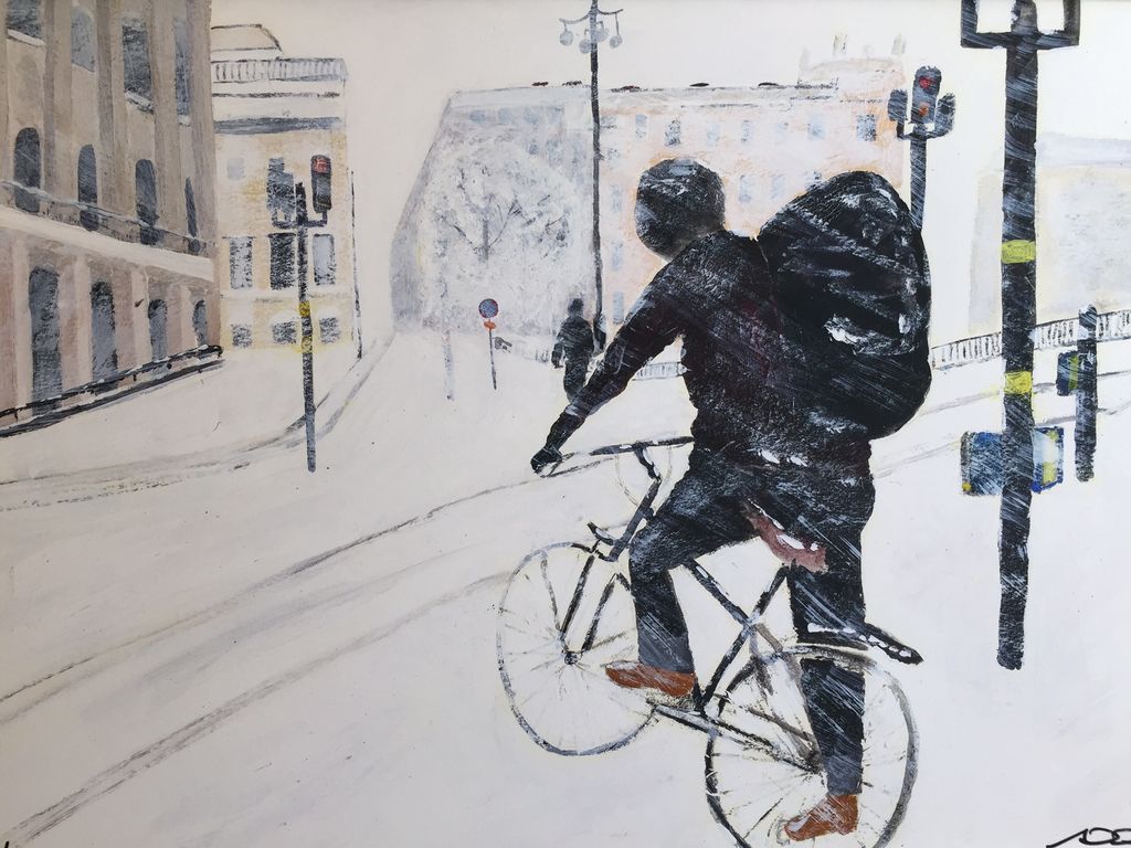 'På cykel vid Tegelbacken', 2016, ett konstverk av Anders Gabrielsson