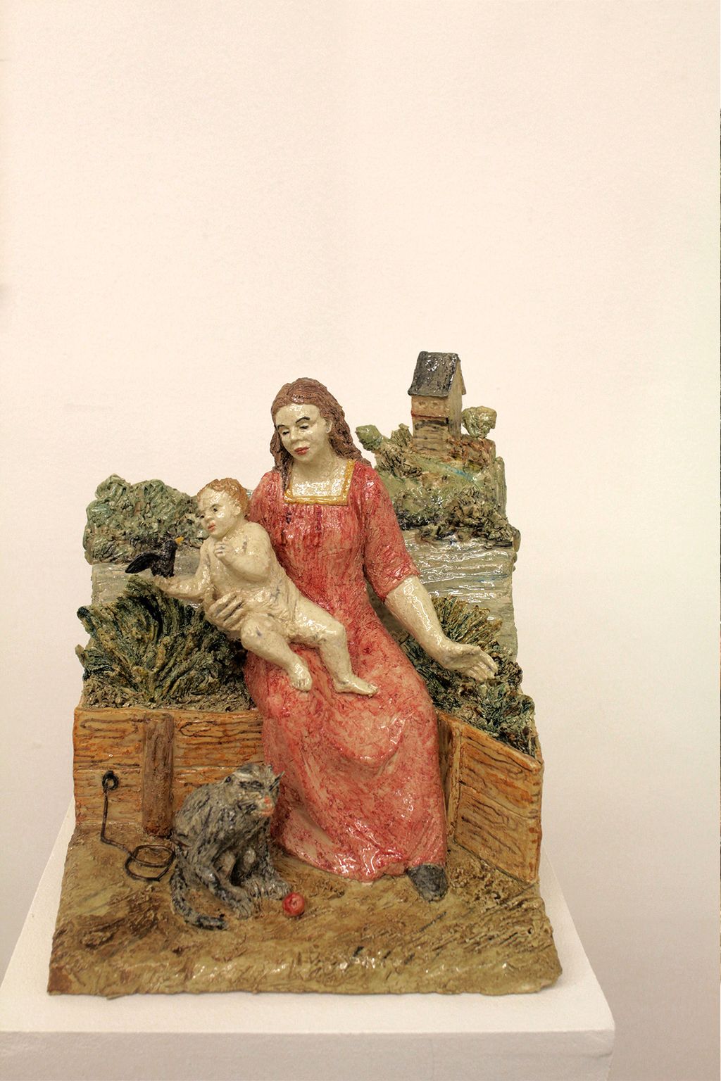 'Madonna med apa (röda klänningen)', 2019, ett konstverk av Susanne Larsson