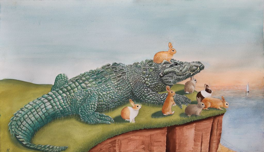 'A crocodile and 7 rabbits contemplating the sea.', 2017, ett konstverk av Nils Ekwall