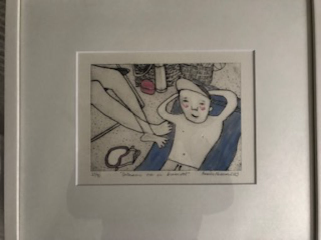 'Brassestol - torrnål/handkolorerad 33x37 cm', ett konstverk av Isabelle Nilsson