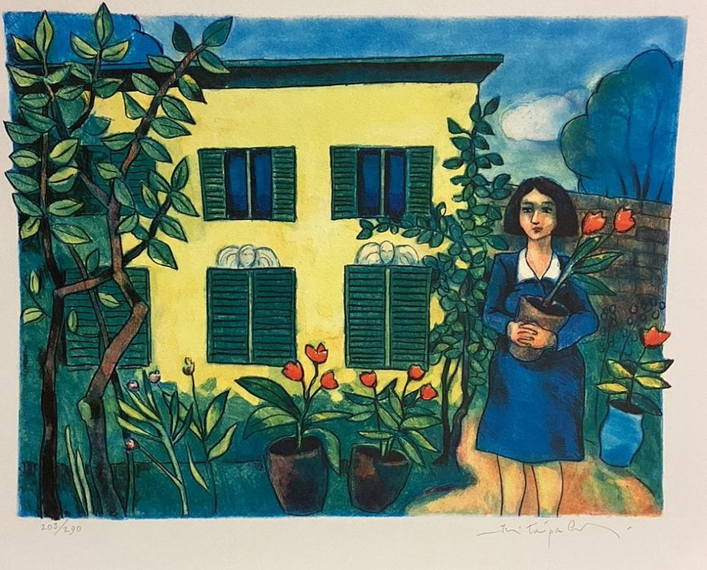 'Kvinna framför hus', ett konstverk av Jussi Taipaleenmäki