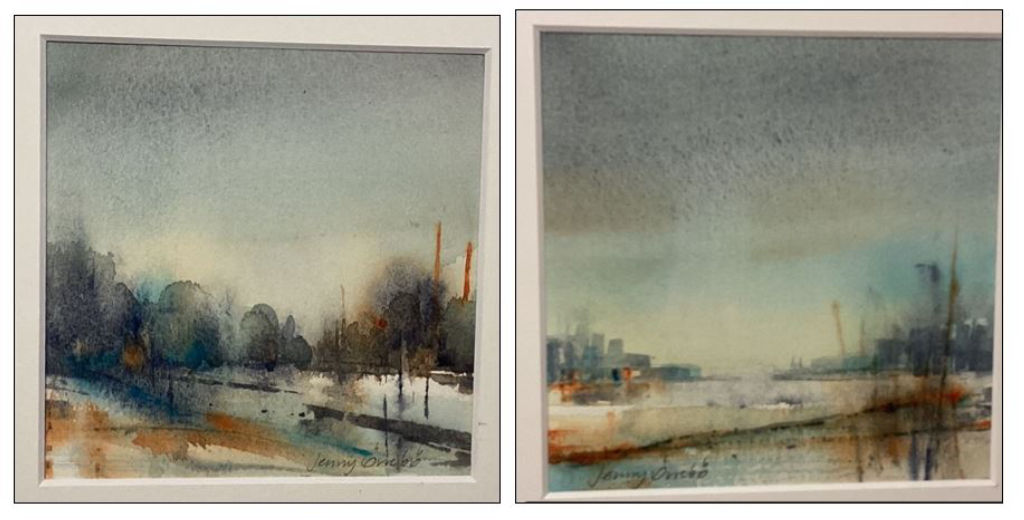 'Träd i skymning+Vattenbryn vid stad', ett konstverk av Jenny Överbo